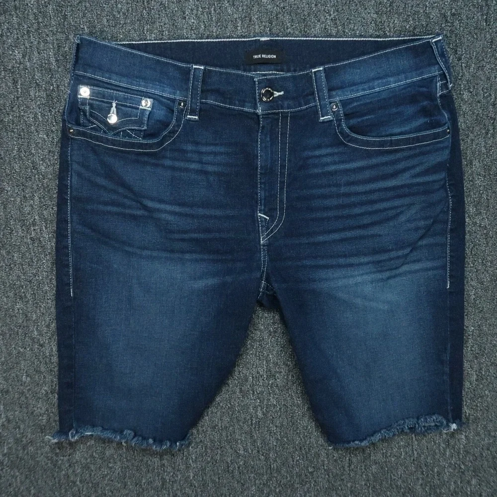True Religion Shorts Mens 40 Blue Ricky‎ Straight Flaps Cut Off Denim Jorts